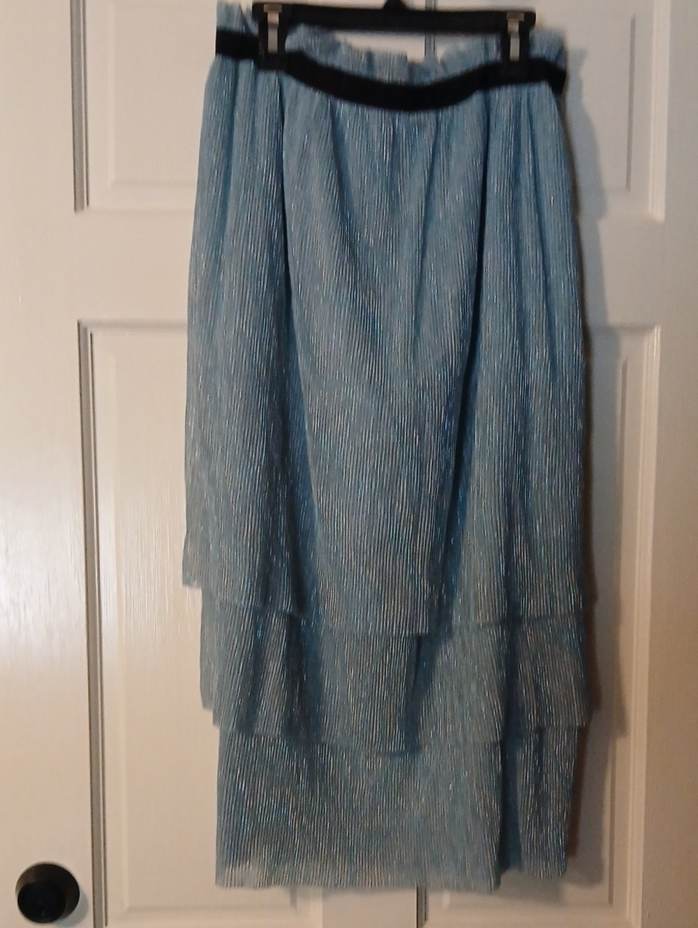 Light Blue Tiered Midi Skirt with Black Waistband